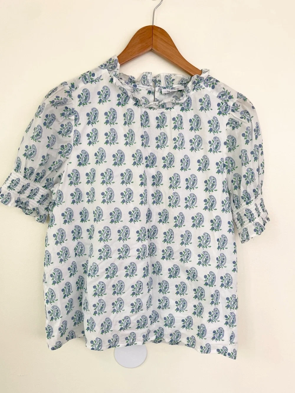 SZ Blockprints X J. Crew Smocked Puff Sleeve Top in Blue Paisley M Medium Cotton